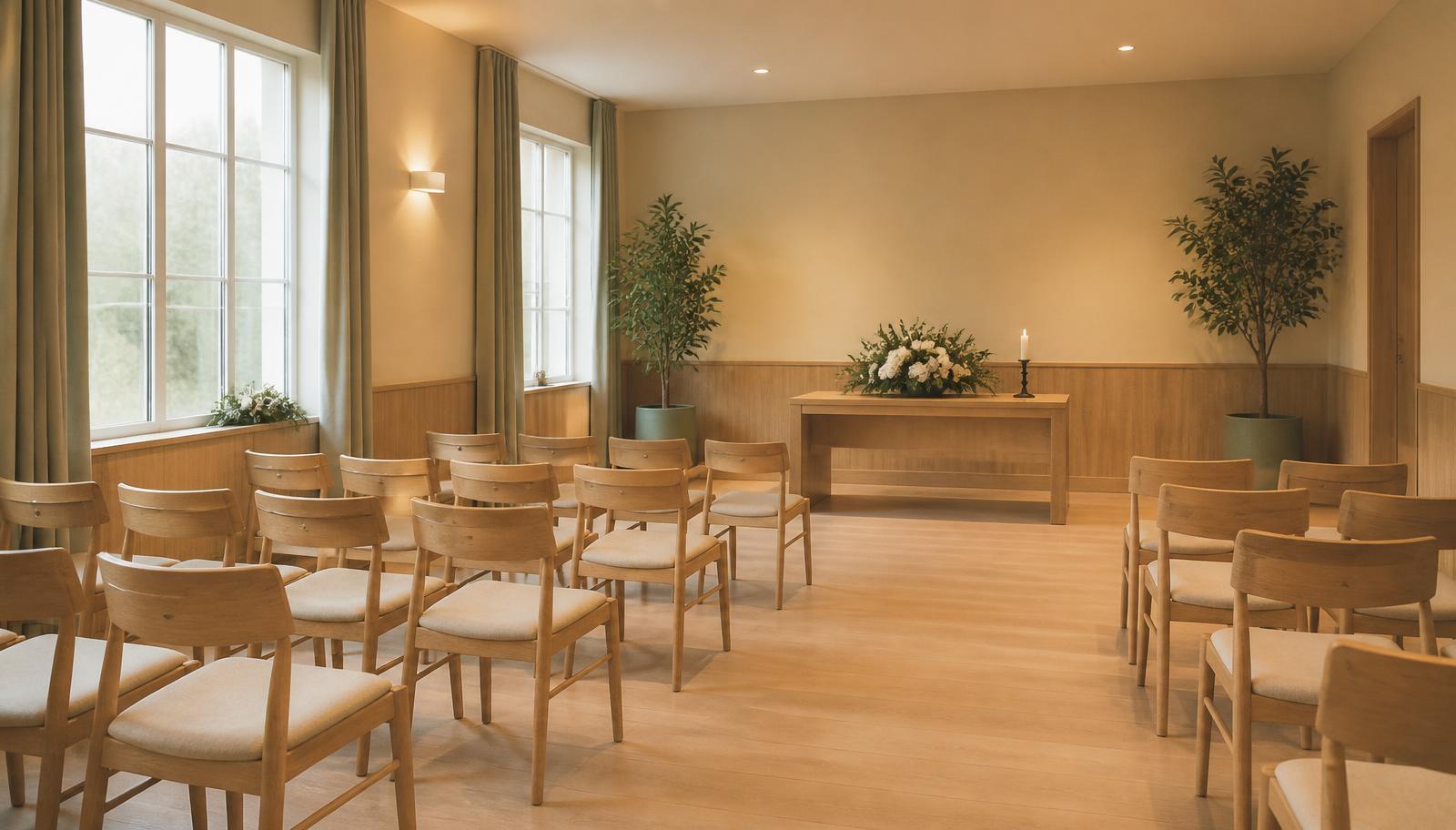 Serene ceremonieruimte met houten stoelen en bloemen