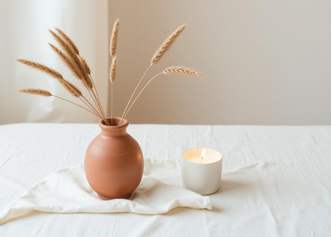 Kaars en droogbloemen in een terracotta vaas op linnen