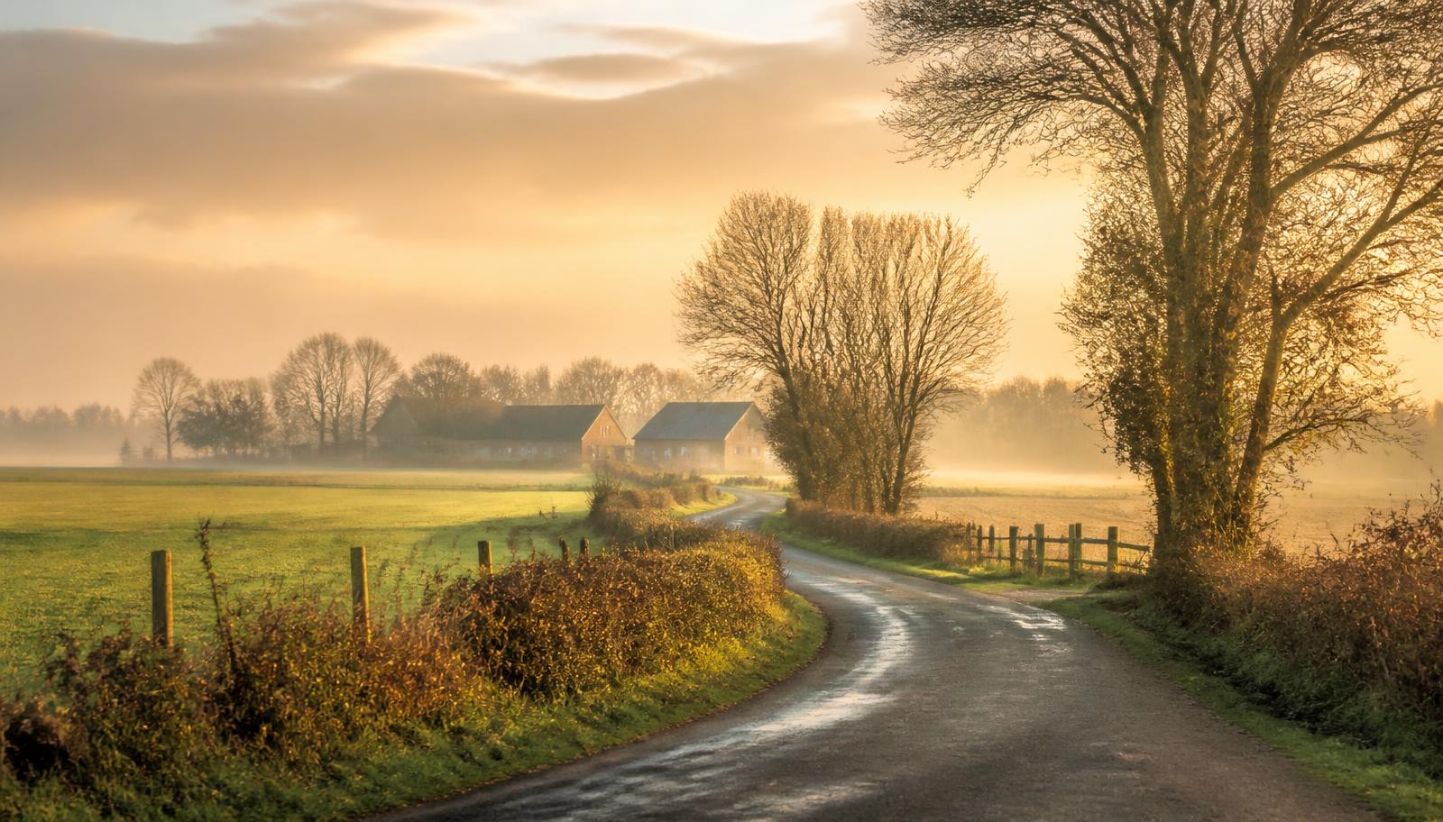 Brabants landschap met landweg, weilanden en boerderijen bij zonsondergang